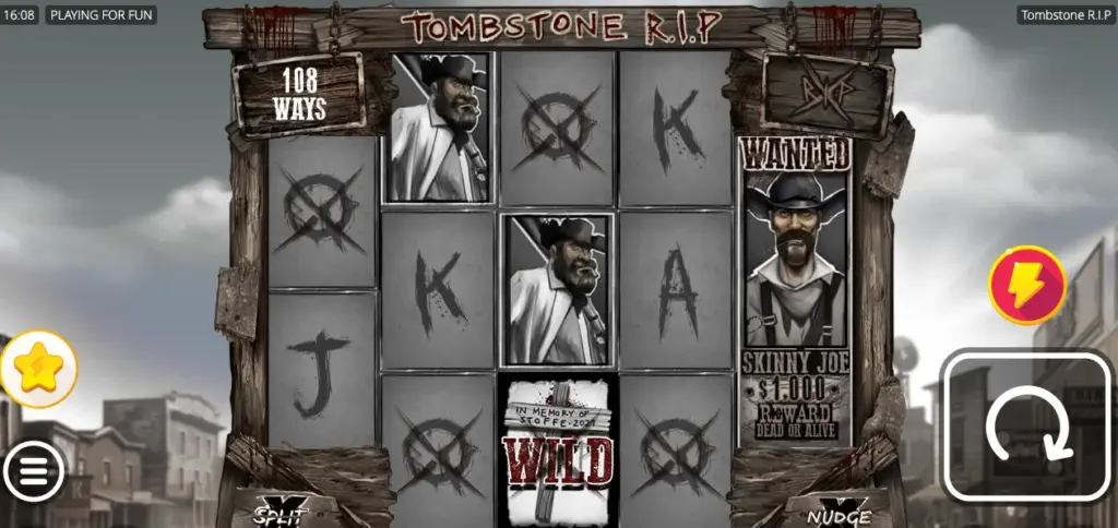 Tombstone RIP slot gameplay screen with reels and Wild West theme